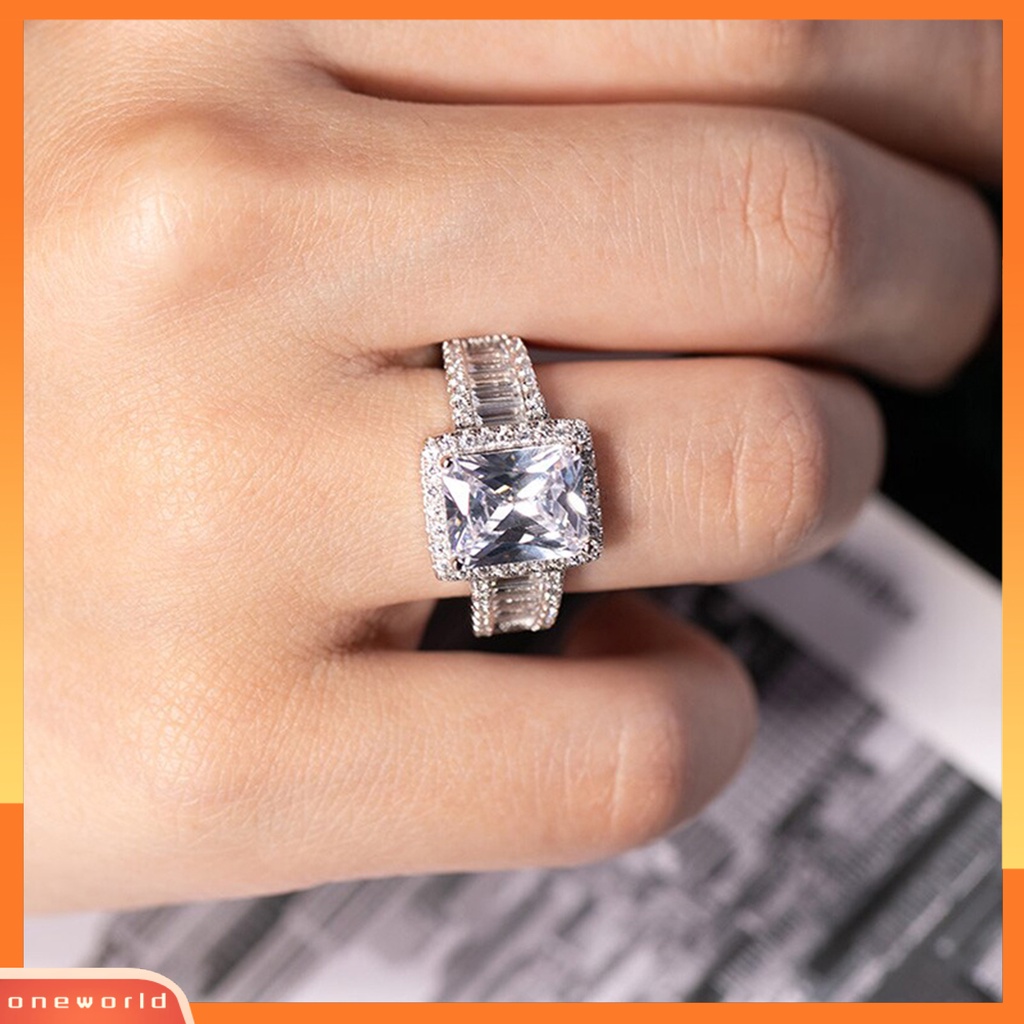 [EONE] Pernikahan Band Bersinar Persegi Berlian Imitasi Hypoallergenic Geometris Gaya Barat Hias Aksesori Bertatahkan Zirkon Lebar Band Cincin Wanita Perhiasan