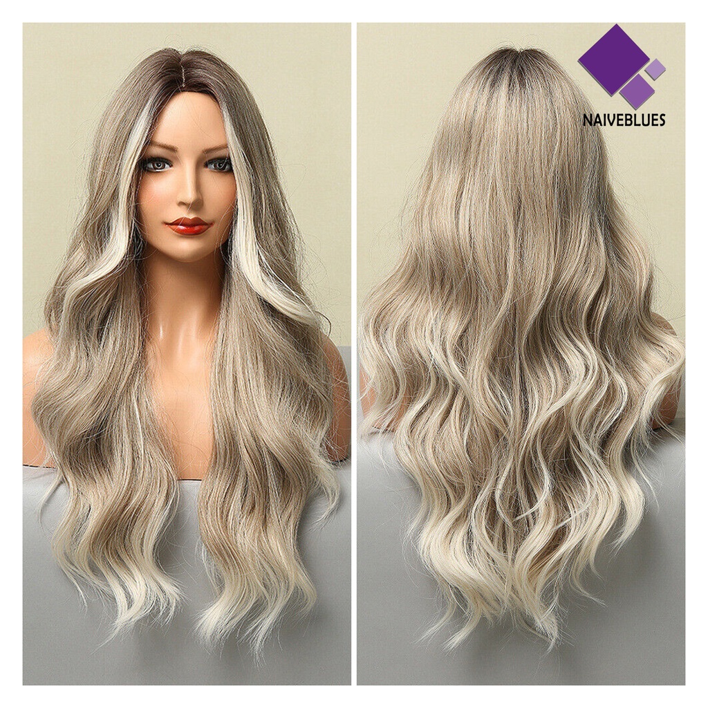 &lt; Naiveblues &gt; Wig Keriting Panjang Universal Halus Ringan Medium Split Smoky Grey Gradient Wig Untuk