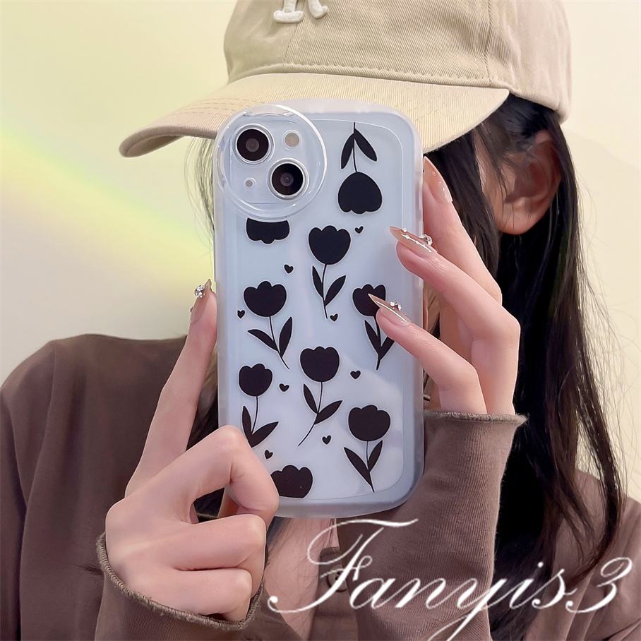 Compatible For iPhone 14 13 12 11 Pro Max X XR Xs Max 8 7 6 6s Plus SE 2020 Kompatibel Untuk Ins Bunga Hitam Casing Ponsel Lembut TPU Cover