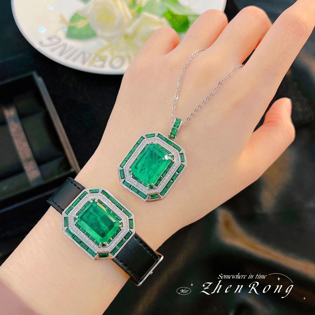 Goldkingdom Aksesoris Perhiasan Fashion Ready Stock Seiko Emerald Pendant Kalung High-end Kristal Berlian Hijau Menonton Gelang Tangan