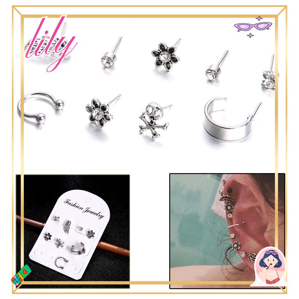 Lily 9 Pcs/Set Anting Set Mode Baru Jantung Bintang Perhiasan Perak Antik Bintang Bulu Tengkorak