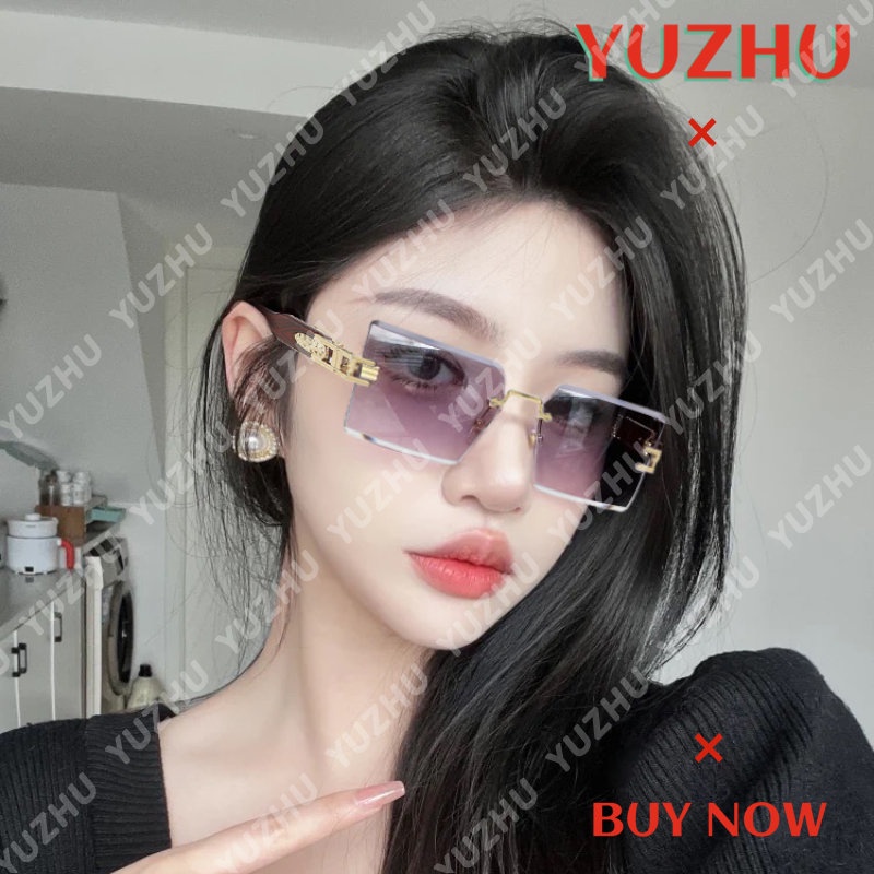 (YUZHU) Bingkai Persegi Serat Kayu Ltemple Kacamata Hitam Untuk Wanita Punk Fashion Metal Rimless Gradient Sunglasses