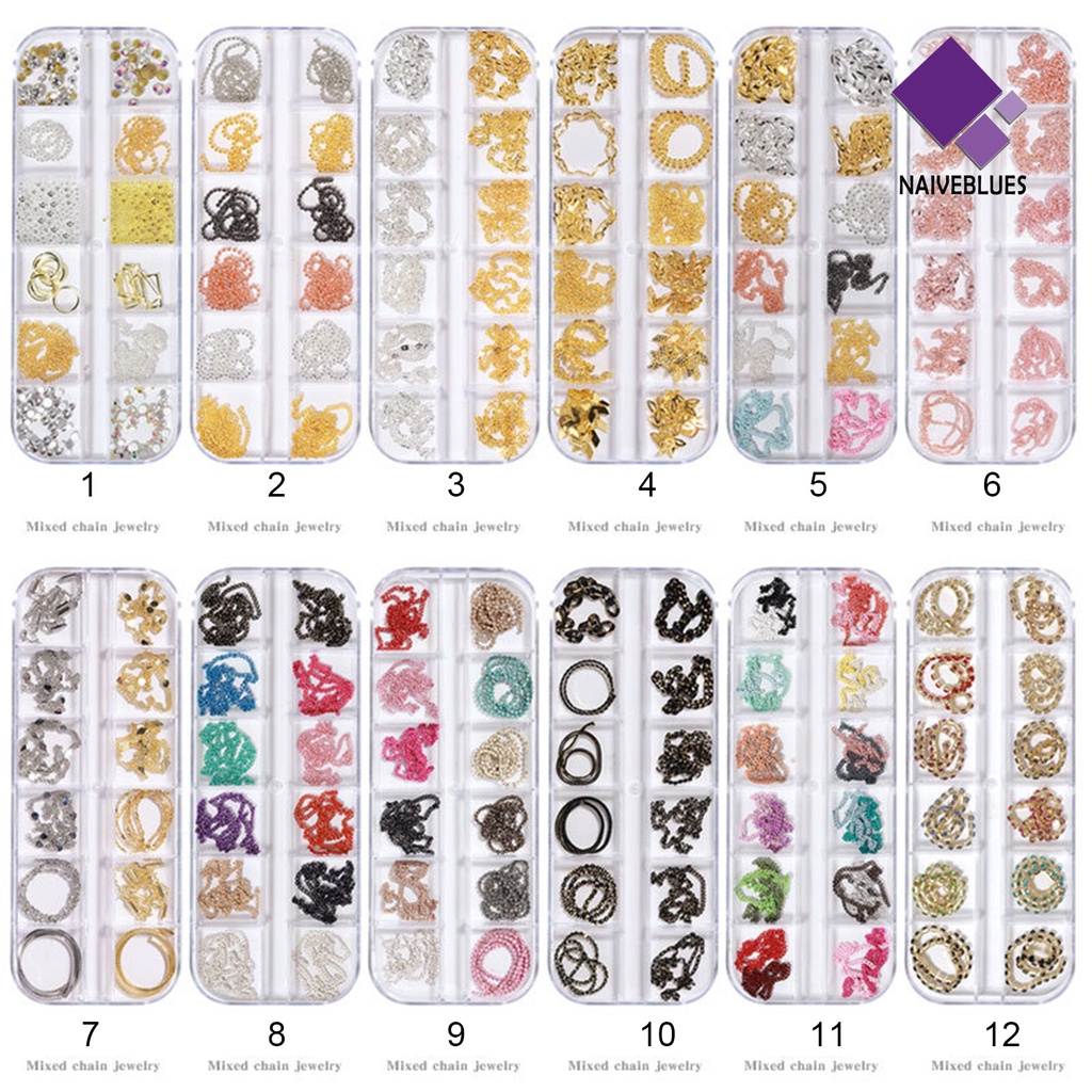 [naiveblues] 12pcs/set Dekorasi Kuku Dengan Mudah Menempel DIY Rantai Metal Logam Charms Berlian Imitasi Ornamen Untuk