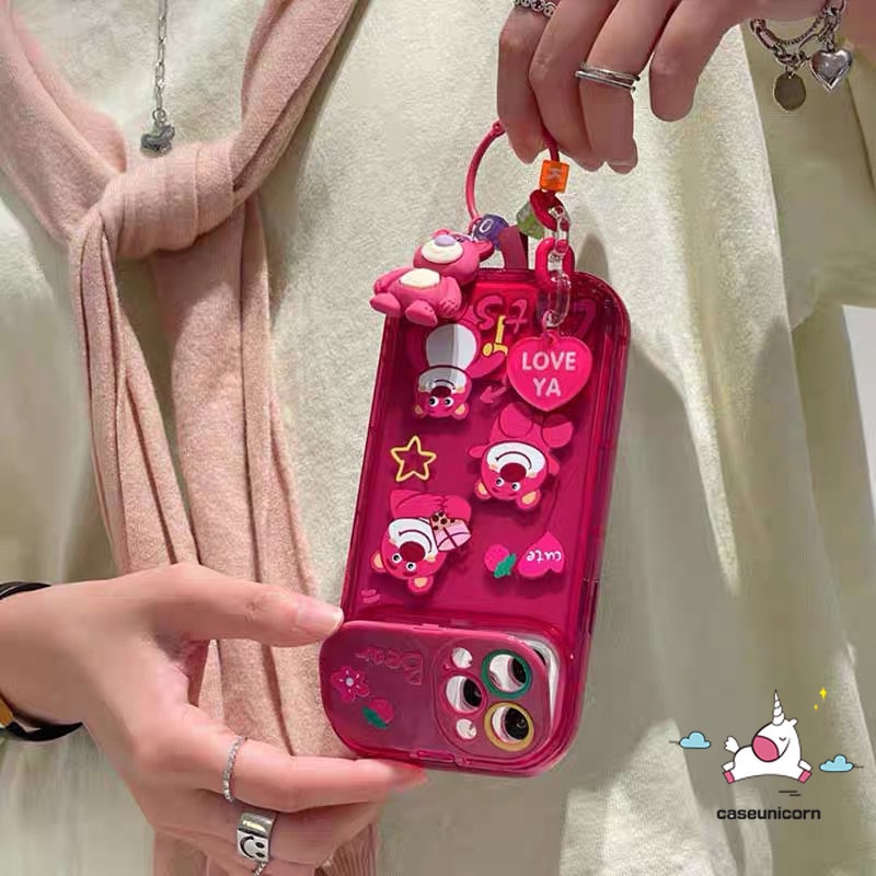 Casing Manyo Beruang Strawberry Lucu Untuk Oppo A57 A15 A5s A3s A7 A9 A5 A31 A33 2020 A12 A53 A15s A12E A77 A77s A11K A11 A35 Boneka 3D Kartun Lembut Kreatif Flip Make Up Cermin Penutup Belakang