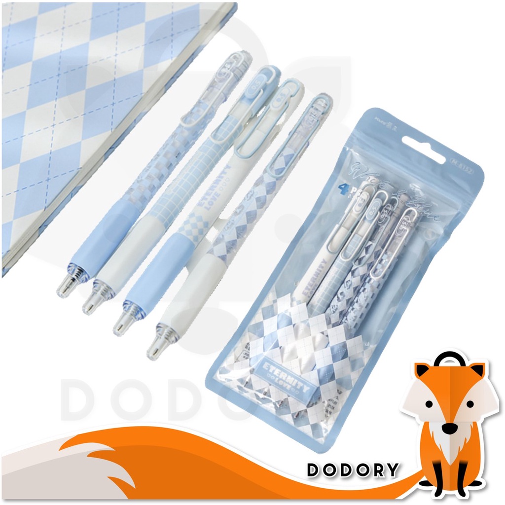 DODORY HL0499 Set Pulpen Gel Hitam Motif Kotak-Kotak Biru Putih Alat Tulis Sekolah