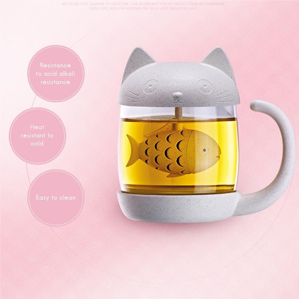 Cangkir Gelas Kaca Kucing Kartun Lucu Portable Mug Air Filter Dapat Dilepas Tahan Panas Untuk Rumah Kantor