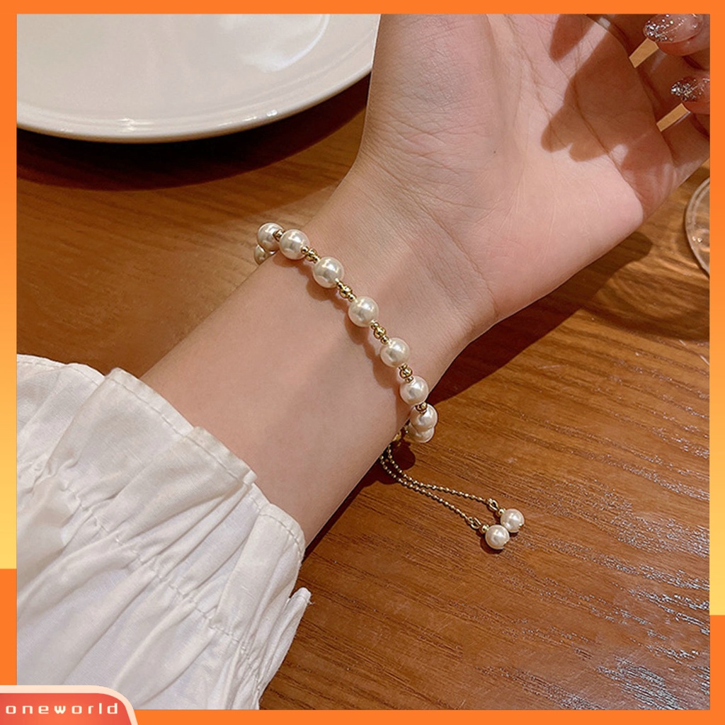 [EONE] Wanita Gelang Manik-Manik Dapat Disesuaikan Elegan Dainty Gaya Sederhana Hadiah Golden High Gloss Mutiara Imitasi Gelang Gadis Fashion Perhiasan