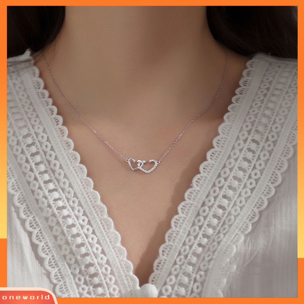 [EONE] Wanita Kalung Berlian Imitasi Mengkilap Elegan Hias Adjustable Perhiasan Hadiah Manis Berongga Ganda Cinta Hati Liontin Kalung Rantai Klavikula Untuk Pesta