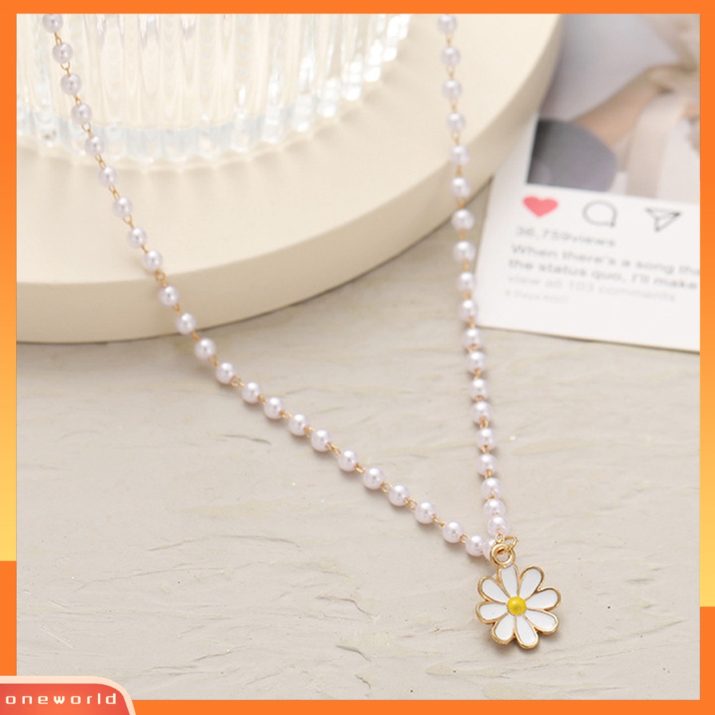 [EONE] Wanita Kalung Tetesan Minyak Bunga Putih Temperamen Shiny Faux Pearl Beaded Chain Pendant Necklace Perhiasan Fashion