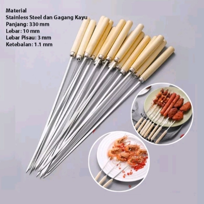 Tusuk Sate Stainless Steel Gagang Kayu Tusuk Sate BBQ Alat Panggang - Polos