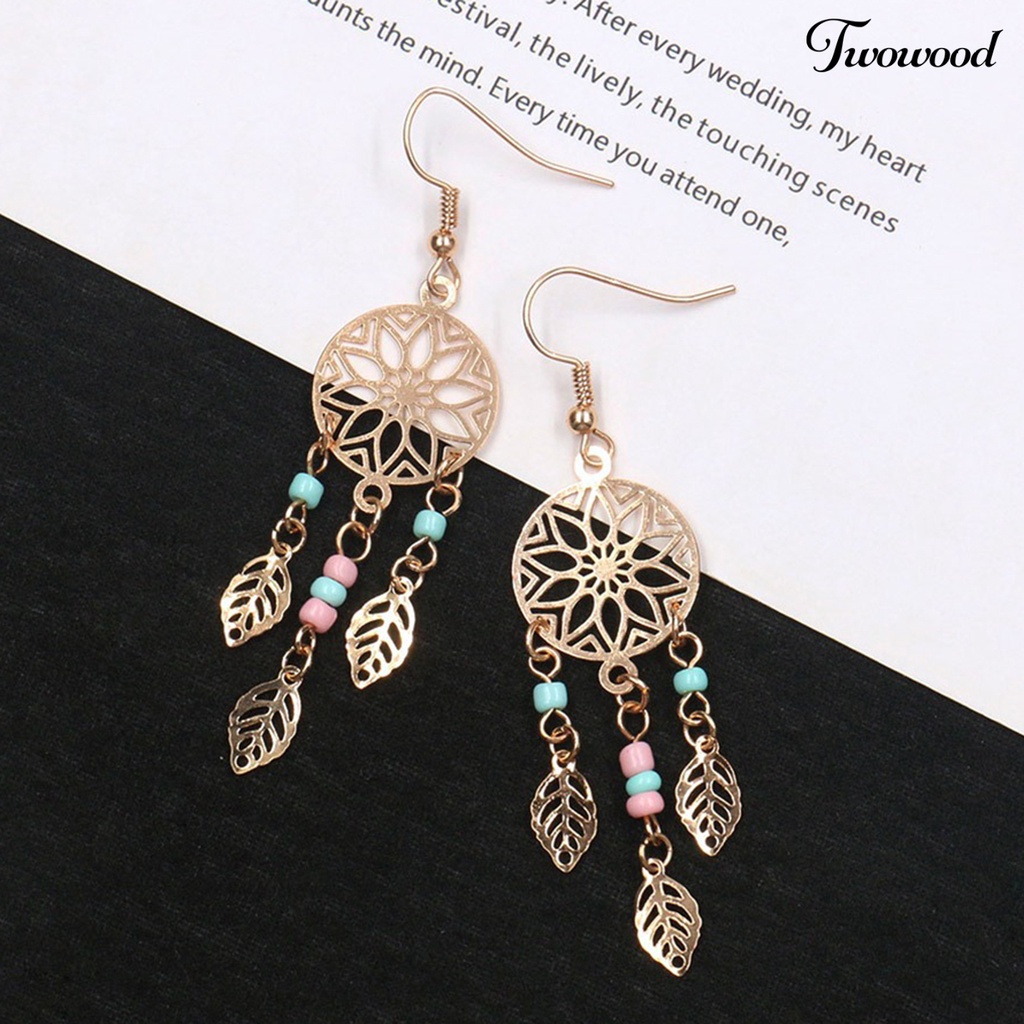 Twowood 1pasang Anting Wanita Bentuk Daun Rumbai Manik-Manik Tahan Lama Lady Hook Earrings Untuk Hadiah