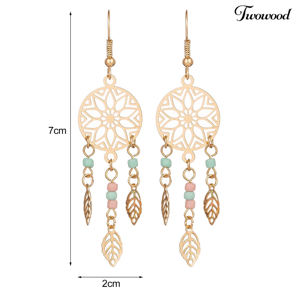 Twowood 1pasang Anting Wanita Bentuk Daun Rumbai Manik-Manik Tahan Lama Lady Hook Earrings Untuk Hadiah