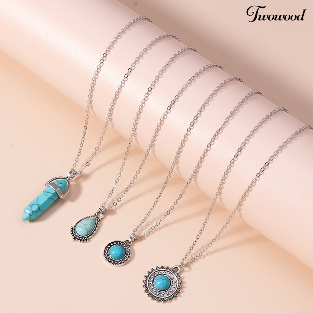 Twowood 1set Statement Kalung Etnik Retro Tetesan Air/Hexagon Prisma Imitasi Biru Turquoise Batu Alam Hoop Earrings Kit Perhiasan Fashion