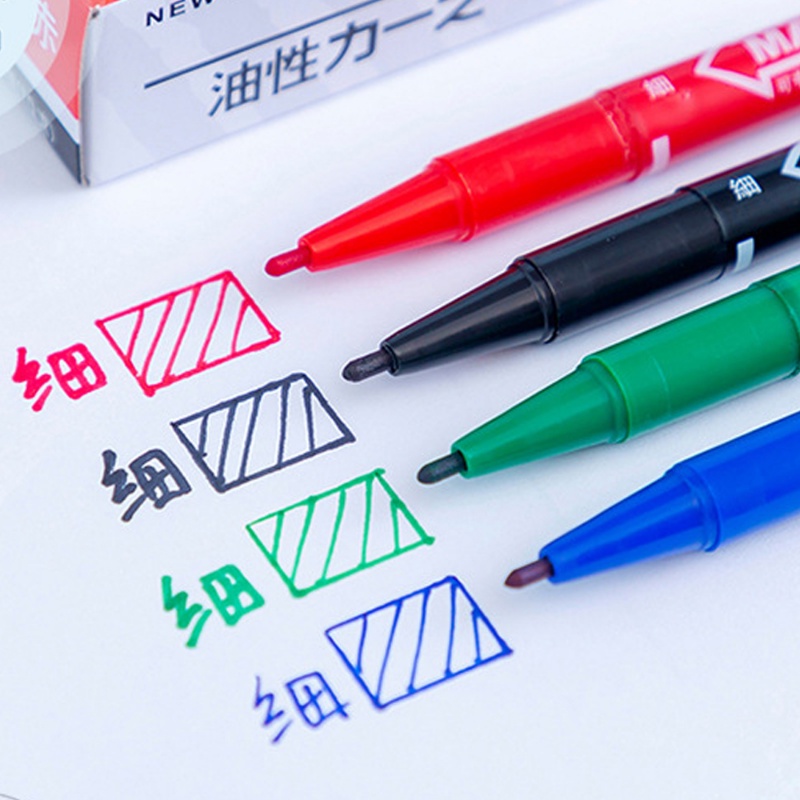 4warna Permanen Double Headed Halus Spidol Dual Tip Cepat Kering Tahan Lama Berminyak Menandai Pena Siswa Alat Tulis Kantor Perlengkapan Sekolah