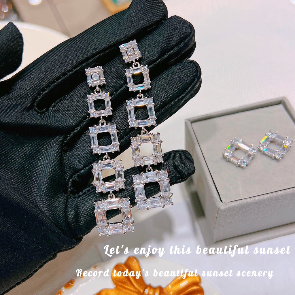 Goldkingdom Aksesoris Perhiasan Fashion Ready Stock Anting Batu Permata Geometris Persegi, Anting Stud, Gelang Anting Rumbai Panjang