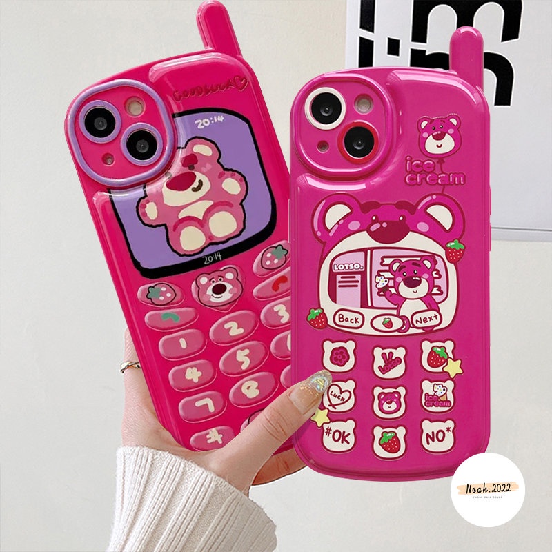 IPHONE Casing Kompatibel Untuk Iphone11Xr 78 Plus 12 13 14 11 Pro MAX X XS MAX SE 2020 Kartun Lucu Strawberry Bear Manyo Kepribadian Retro Bentuk Ponsel Ponsel Lembut Glossy Phone Cover