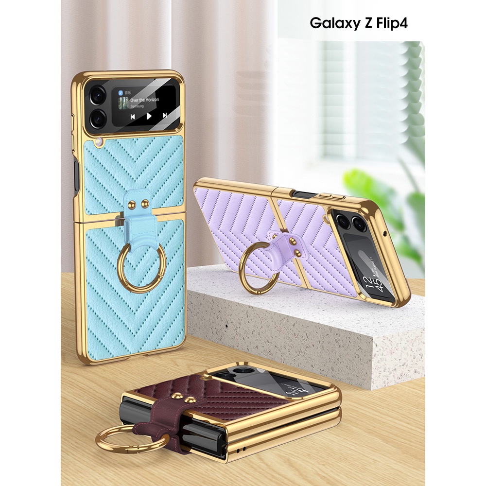 Luxury Electroplated PU Leather Case for Samsung Z Flip 4 Women Cover Ultra Thin Hardshell Ring Case