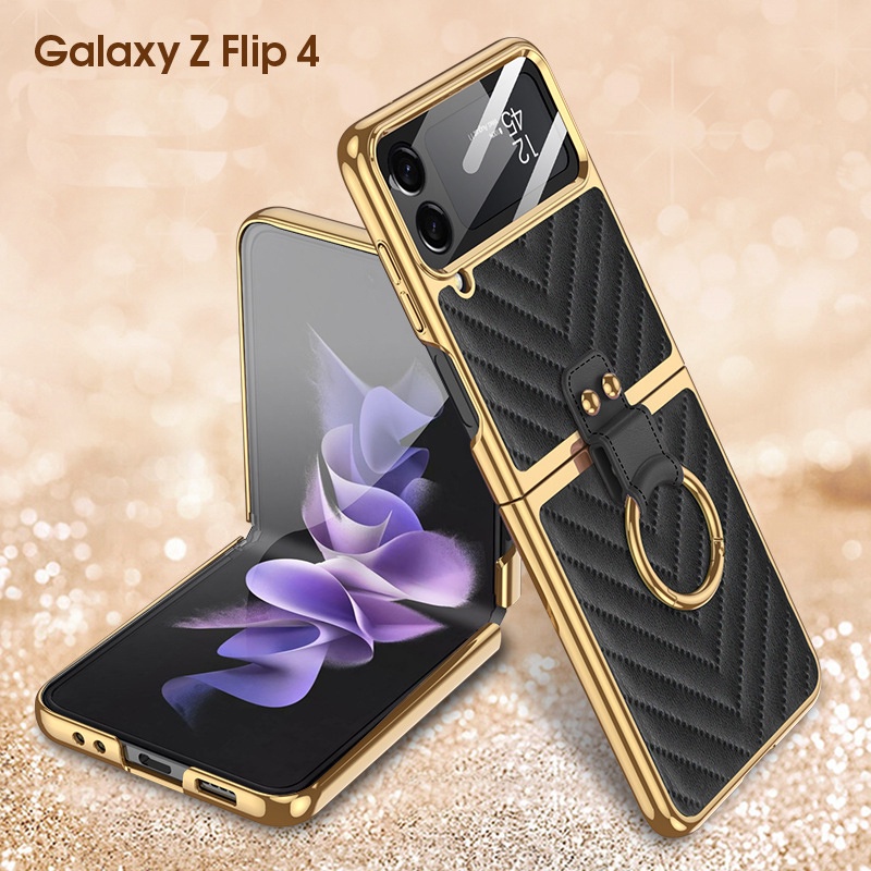 Luxury Electroplated PU Leather Case for Samsung Z Flip 4 Women Cover Ultra Thin Hardshell Ring Case