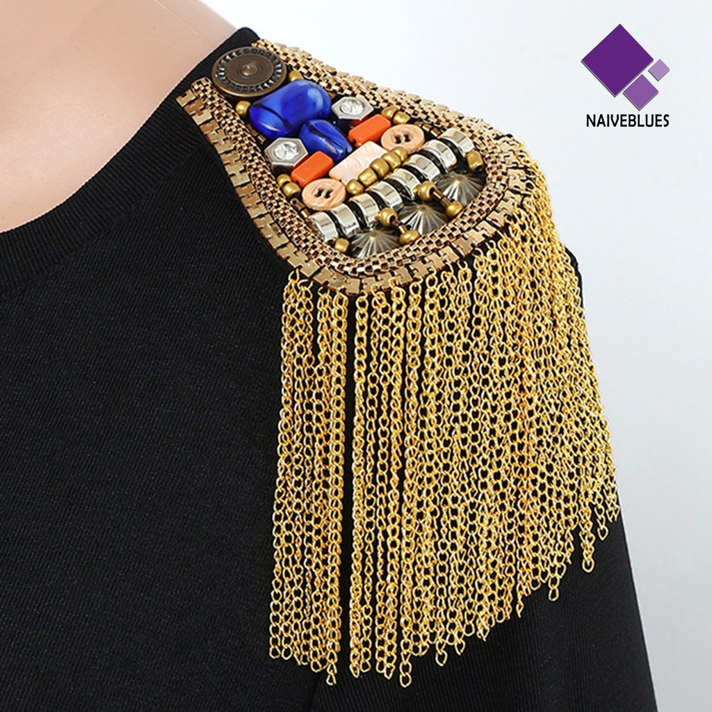 &lt; Naiveblues &gt; Bahu Epaulet Tombol Rivet Rantai Jumbai Handmade Pakaian Decor Wanita Bahu Lencana Bros