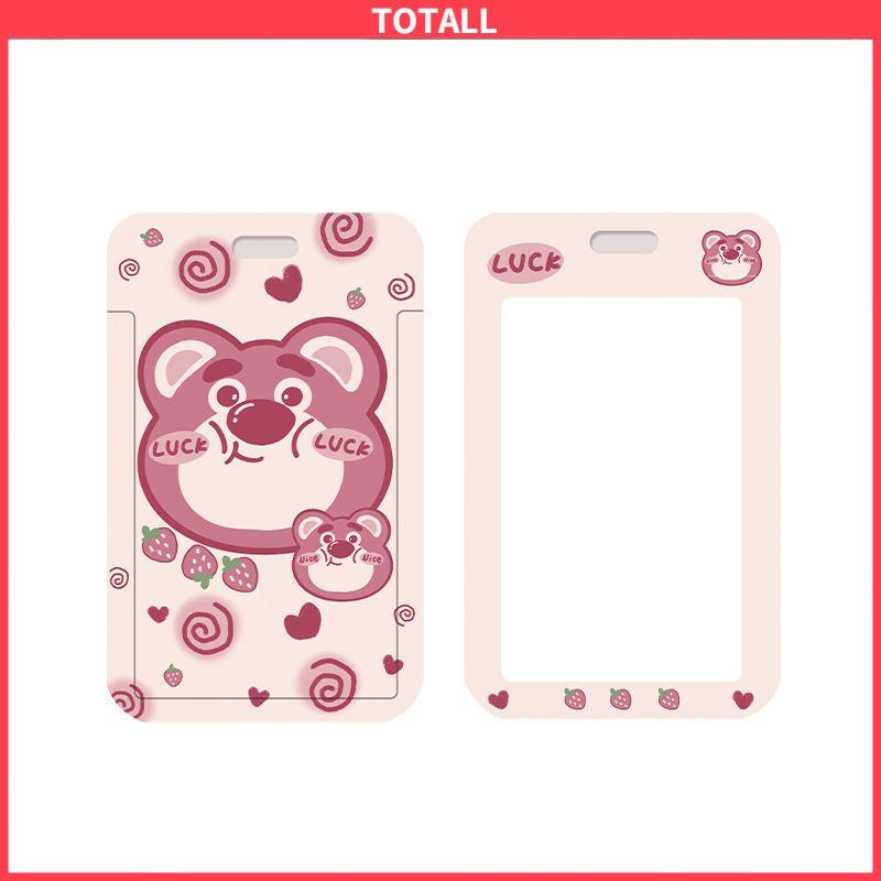 COD Strawberry Bear Slid Cover Plastik Kartun Set Kartu Mahasiswa Kampus Kartu Tali Panjang Pelindung-Totall