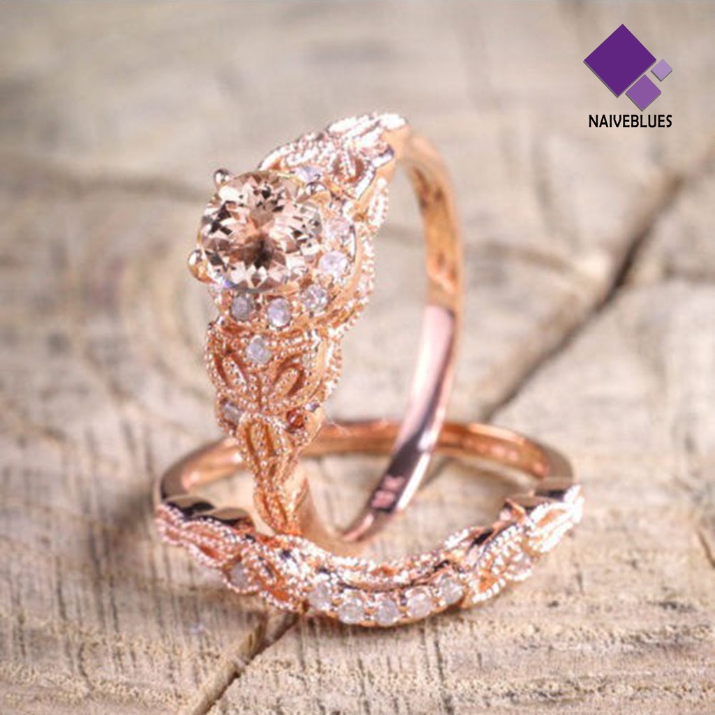 &lt; Naiveblues &gt; 2Pcs Cincin Tunangan Indah Indah Berlian Imitasi Elegan Pasangan Cincin Anniversary