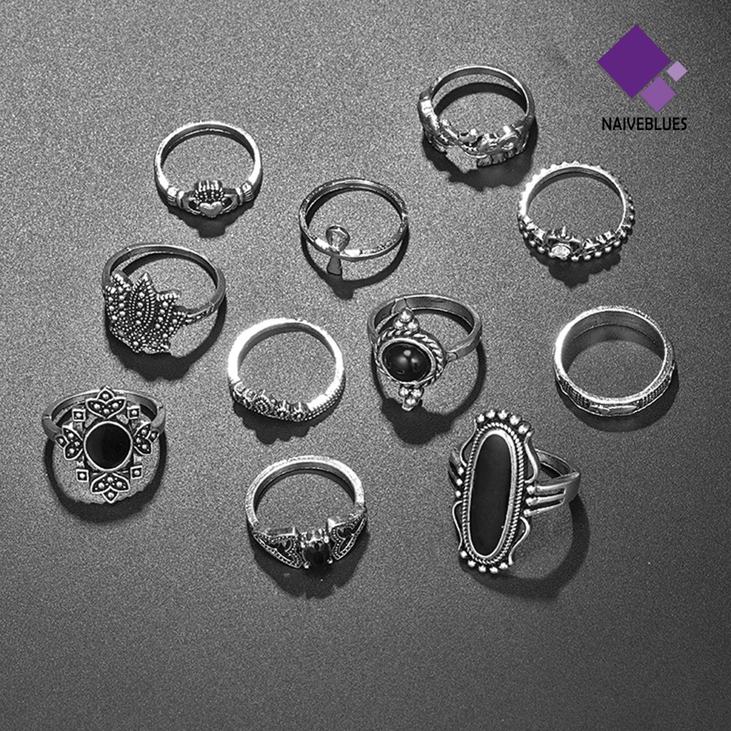 &lt; Naiveblues &gt; 11Pcs/set Cincin Knuckle Jantung Dapat Ditumpuk Paduan Bohemia Hitam Cincin Jari Imitasi Aksesori