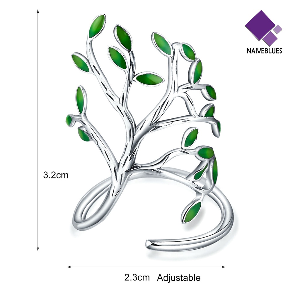 &lt; Naiveblues &gt; Cincin Unisex Bukaan Adjustable Tembaga Cabang Hijau Daun Aksesoris Cincin