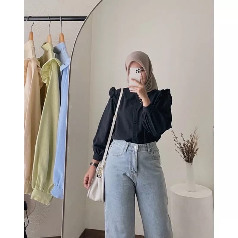 BEFAST - ZEC OOTD WANITA BLOUSE NIC / Yurim CRINCLE  Ruffle Blouse / Pakaian Casual Wanita / Blouse Wanita Model Terbaru / Fashion Kekinian Remaja ABG Trendy / Outfit Wanita Kerja Formal / Blouse Lengan Panjang Polos Formal