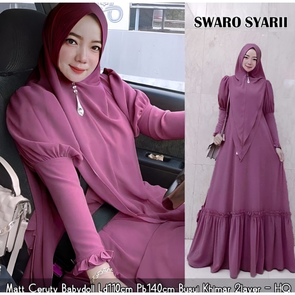 Swaro Syari Gamis Busui Ceruty Babydoll Furing Dress Syar'i Khimar 2 Layer Muslim Premium