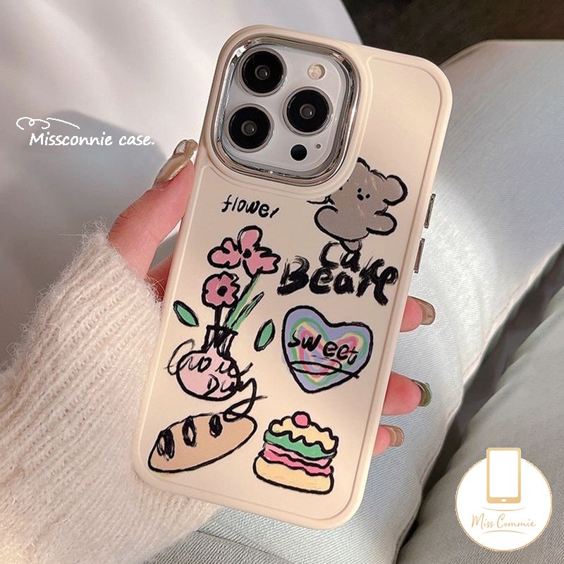 Graffiti Love Heart Soft Phone Case Kompatibel Untuk IPhone 7Plus XR 87 Plus X11 13 14 12 Pro Max 8Plus XS Max Beruang Lucu Hamburger Bunga Logam Bingkai Lensa Cover