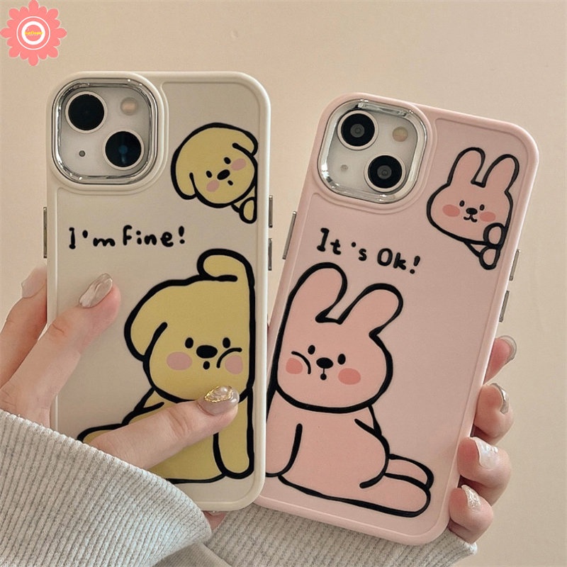 IPHONE Pasangan Kartun Lukisan Cat Minyak Anjing Lucu Robbit Phone Case Kompatibel Untuk Iphone11 12 13 14 Pro Max7 8 Plus 7plus X XR 8plus XS MAX Plating Bingkai Lensa Logam Soft Cover