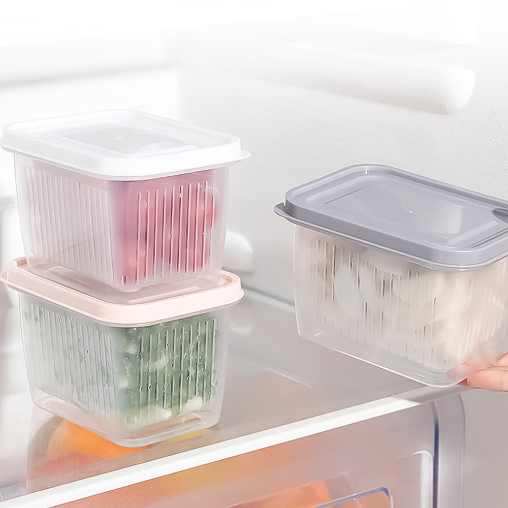 Double-layer Fresh-keeping Drain Basket Sealed Storage Box Dengan Tutup Kulkas Dapur Saringan Alat Buah Sayuran Jahe Bawang Putih Draining Strainers Wadah Case