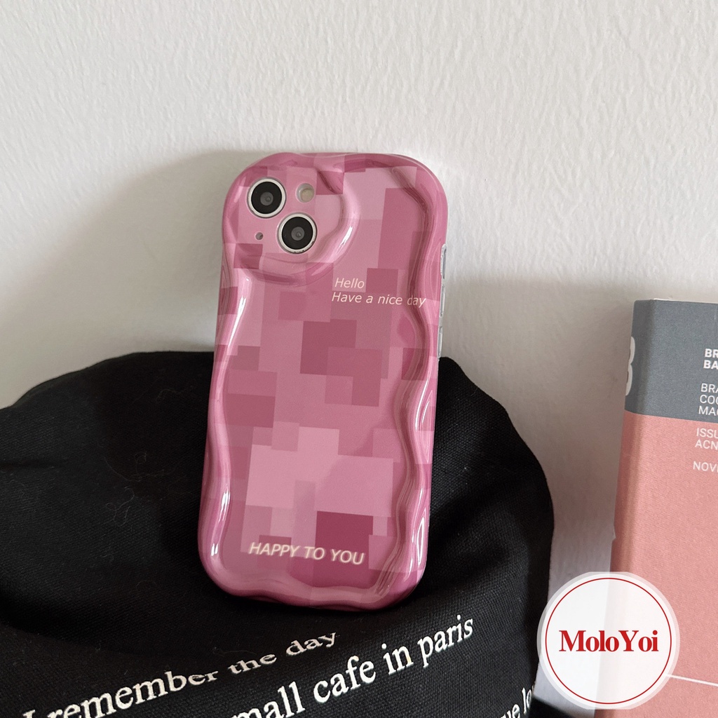 3d Wavy Curved Edge Rose Pink Kompatibel Untuk iPhone XR X XS Max 11 14 13 12 Pro Max 6 6s 7 8 Plus SE 2020 Fahion Kisi Cinta Hati Shockproof Glossy Kreatif Soft Cover