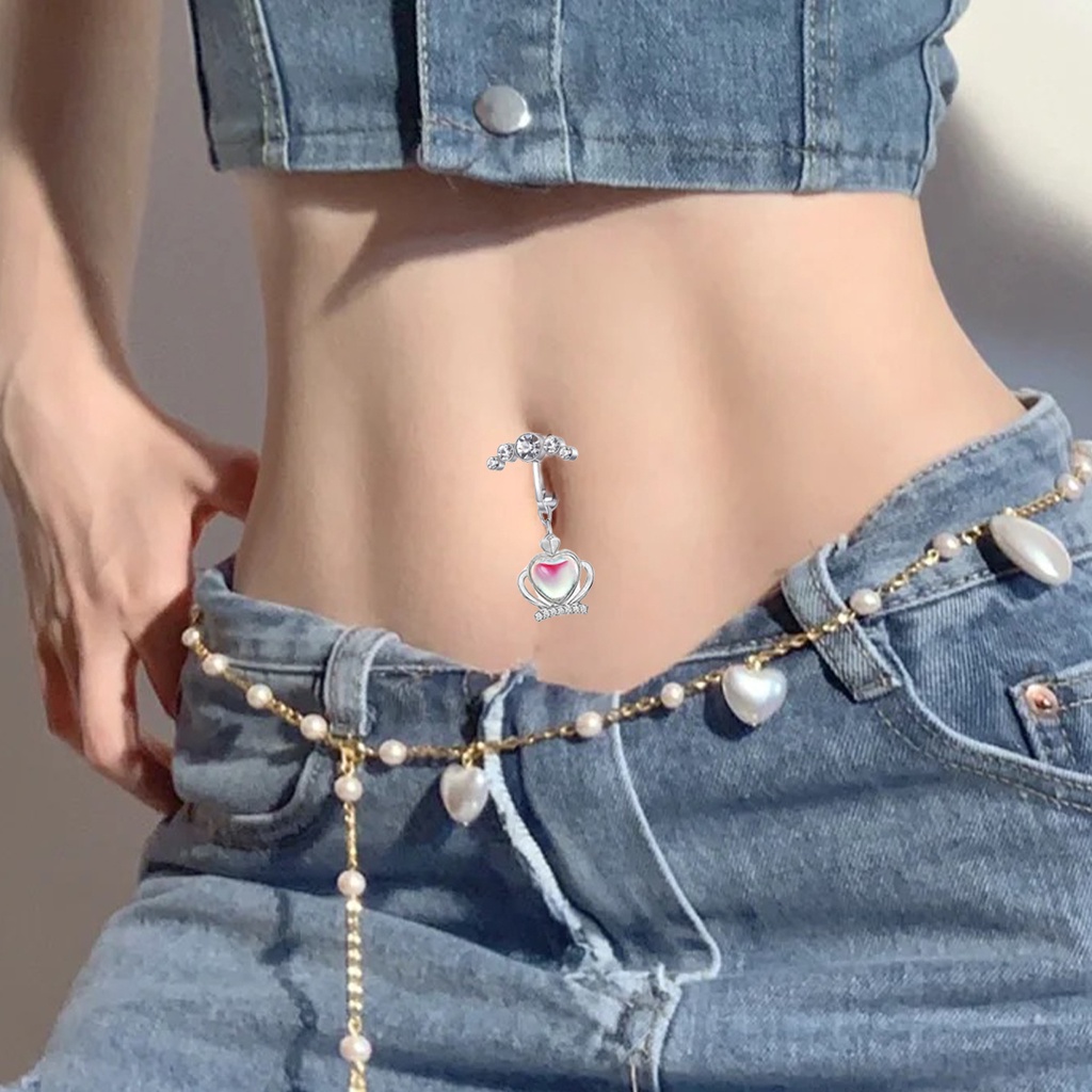 Klip Tindik Pusar Kristal Stainless Steel Cubic Zircon Jantung Butterfly Belly Button Rings Perhiasan Tanpa Tindik Sexy Untuk Wanita