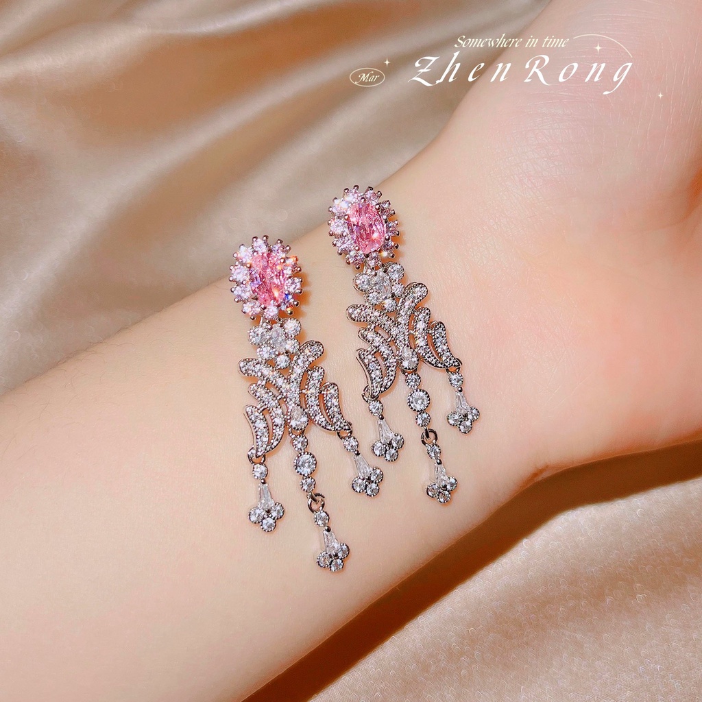 Goldkingdom Fashion Perhiasan Aksesoris Ready Stock Pink Berlian Sterling Silver Indah Rumbai Panjang Manis Keren Penuh Berlian Anting Untuk Wanita