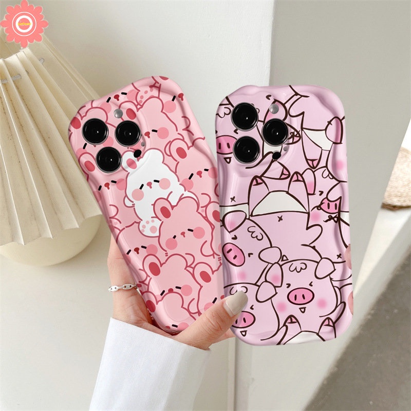 Case Untuk Realme C53 C12 C25s C11 2020 C30 C33 C31 5 5i 5S 6 C55 C35 C25 C3 C15 7i C17 C20 C11 2021 C21Y C25Y C21 3D Wavy Curved Edge Glossy Lovely Kartun Babi Kelinci Lucu Cover