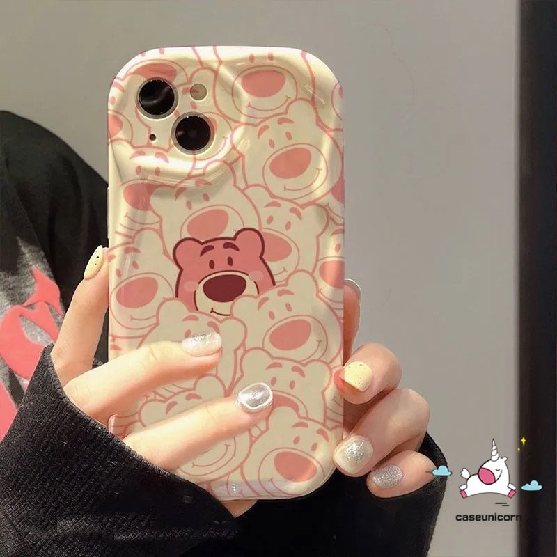 Cute Strawberry Bear 3D Wavy Curved Edge Case Untuk Redmi 9C 9T 10C 10 9A 9 10A 9C NFC A1 A2 Note10 11 10s 11s 10Pro 10 Pro Max Plus POCO M3 Cute Kartun Beruang Garis Lembut Tpu Cover