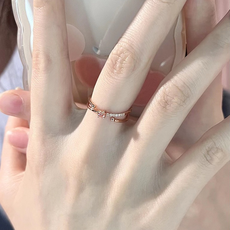 Cincin Berlian Merah Muda Cincin Perempuan Korea Fashion Design Ins Gaya Berlian Imitasi Merah Muda Cincin Jari Kecil