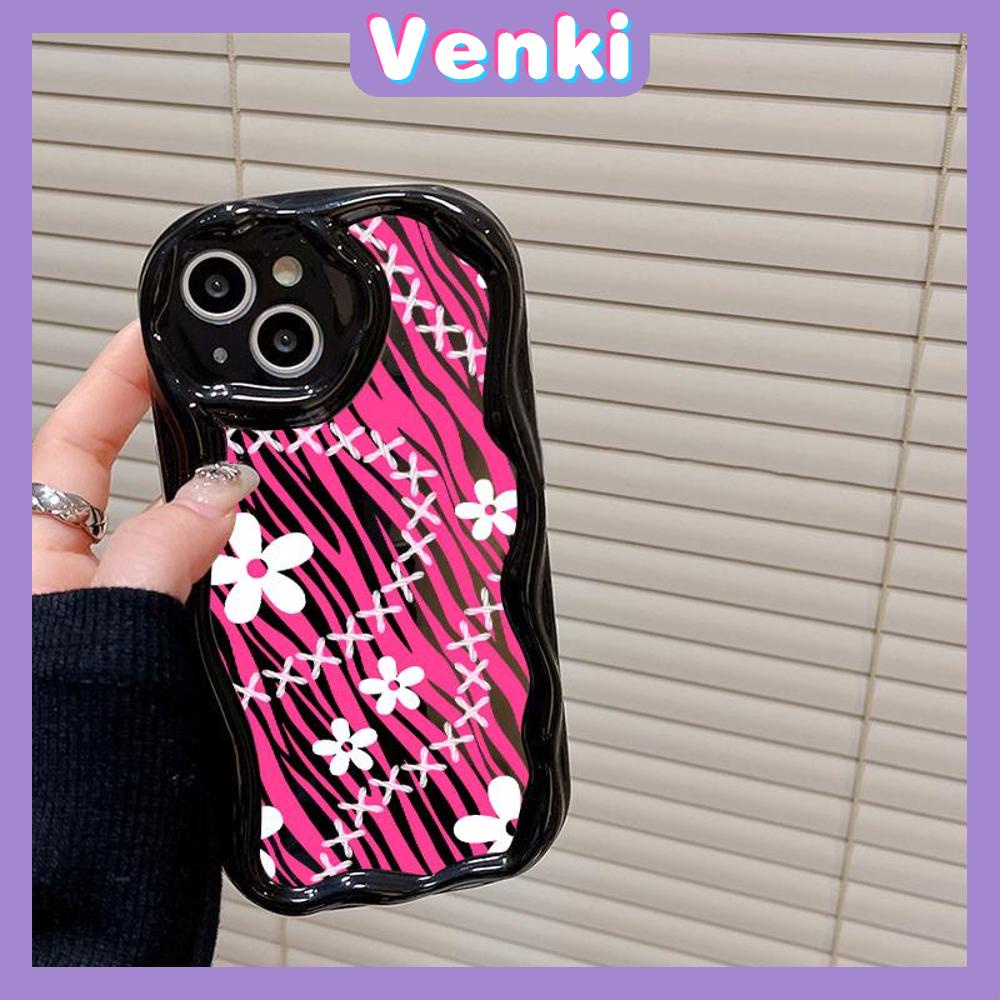 VENKI - For iPhone 11Phone Case Curved Edge Wave Case Glossy Black TPU Airbag Shockproof Camera Case White Floral Compatible with iPhone 14 13 Pro max 12 Pro Max xr xs max 7 8Plus