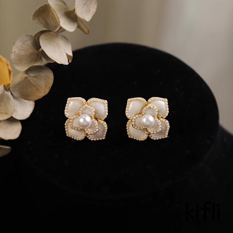 [KD] Anting Vintage Gaya Perancis Mutiara Anting Bunga Camelia Anting Elegan Ringan Mewah