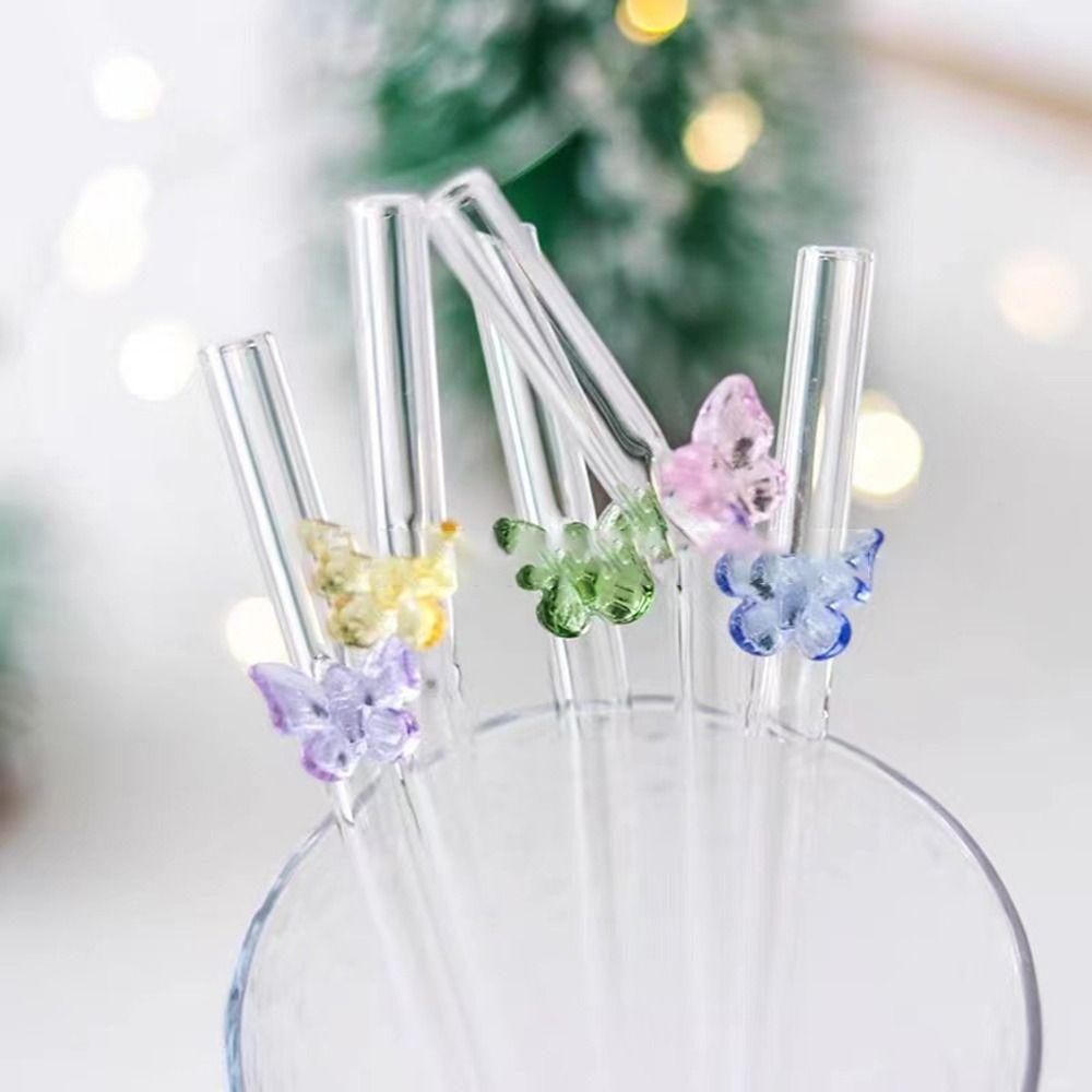 R-FLOWER Sedotan Kaca Kupu-Kupu Ramah Lingkungan Cocktails Perlengkapan Minum Sedotan Lurus Bengkok