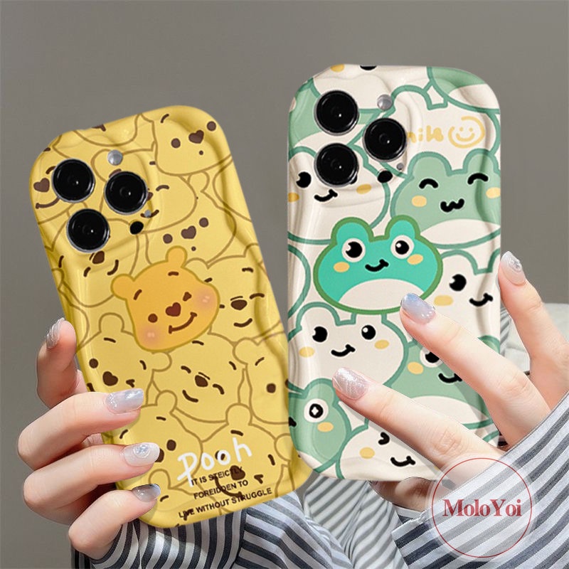 IPHONE Casing Glossy Tepi Melengkung Bergelombang 3D Kompatibel Untuk Iphone6 7 6S 8plus 11 Pro Max12 14 13 Pro MAX XR X XS MAX Cute Winnie the Pooch Kartun Kodok Airbag Pasangan Tahan Guncangan Soft Cover