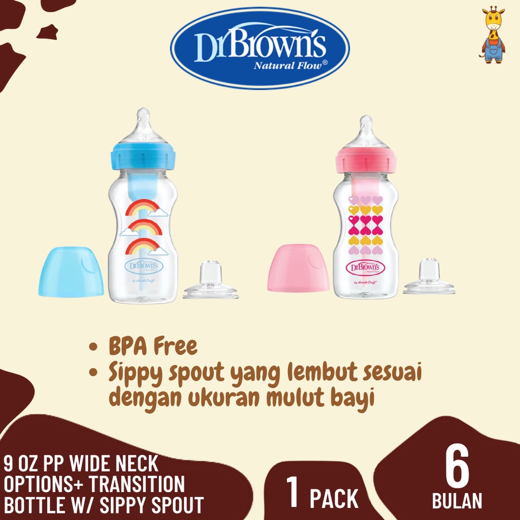 Dr.Brown's 9 oz/270 ml PP Wide Neck Options+ Transition Bottle w/ Sippy Spout, 1-Pack / Botol susu