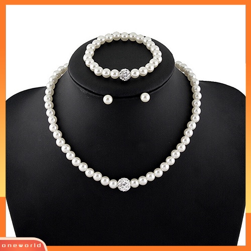 [ONE] Set Perhiasan Pernikahan Pengantin Wanita Kristal Mutiara Imitasi Kalung Gelang Anting