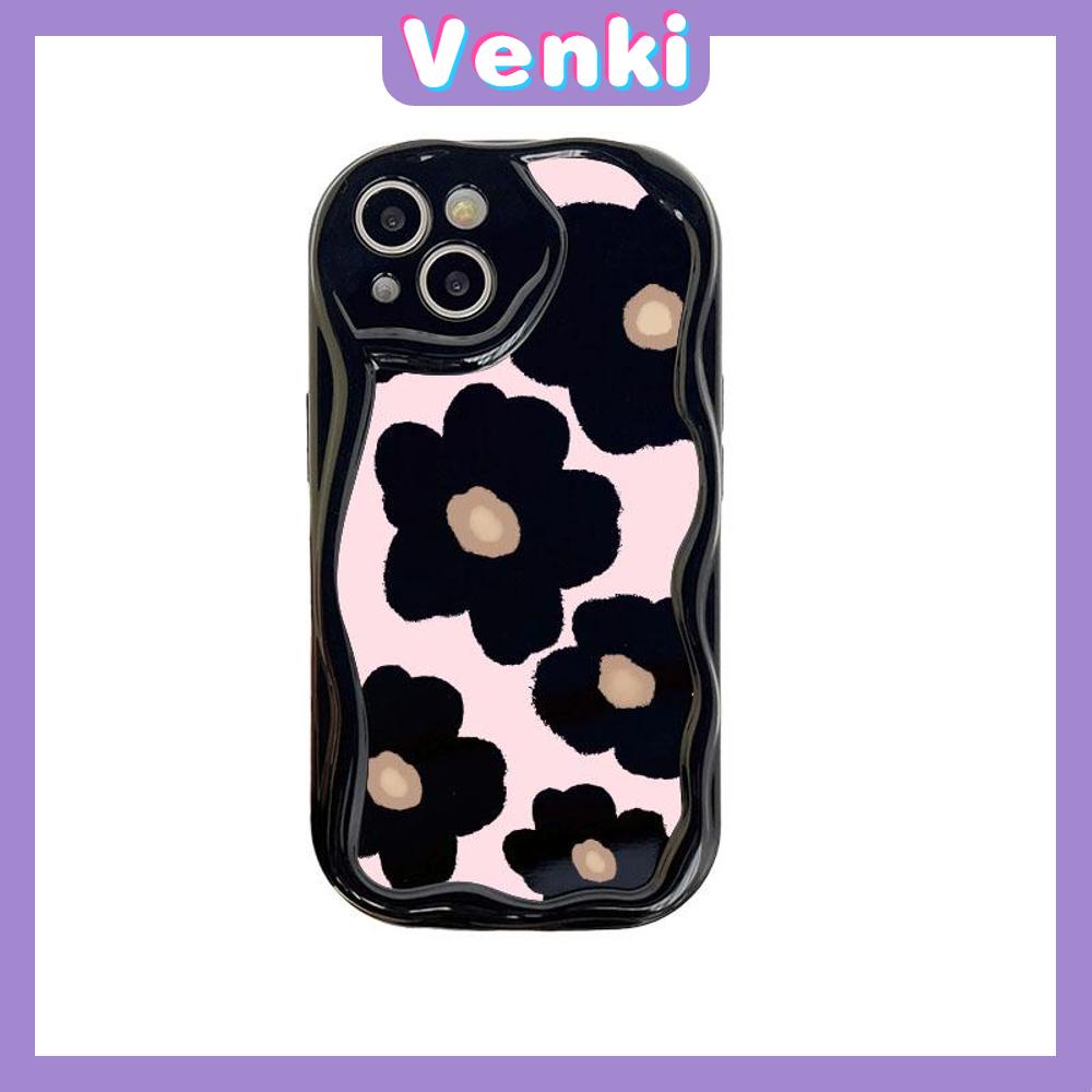 VENKI - Untuk iPhone 11 Case Curved Edge Wave Case Glossy Black TPU Airbag Tahan Guncangan Kamera Case Bunga Lucu Kompatibel dengan iPhone 14 13 Pro max 12 Pro Max xr xs 7Plus 8PLus