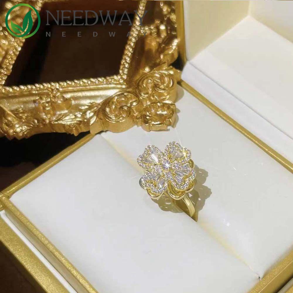 Needway   Berputar Zirkon Cincin Kepribadian Elegan Beruntung Dapat Diputar Mewah Warna Perak Kincir Berlian Imitasi Wanita Jari Rings