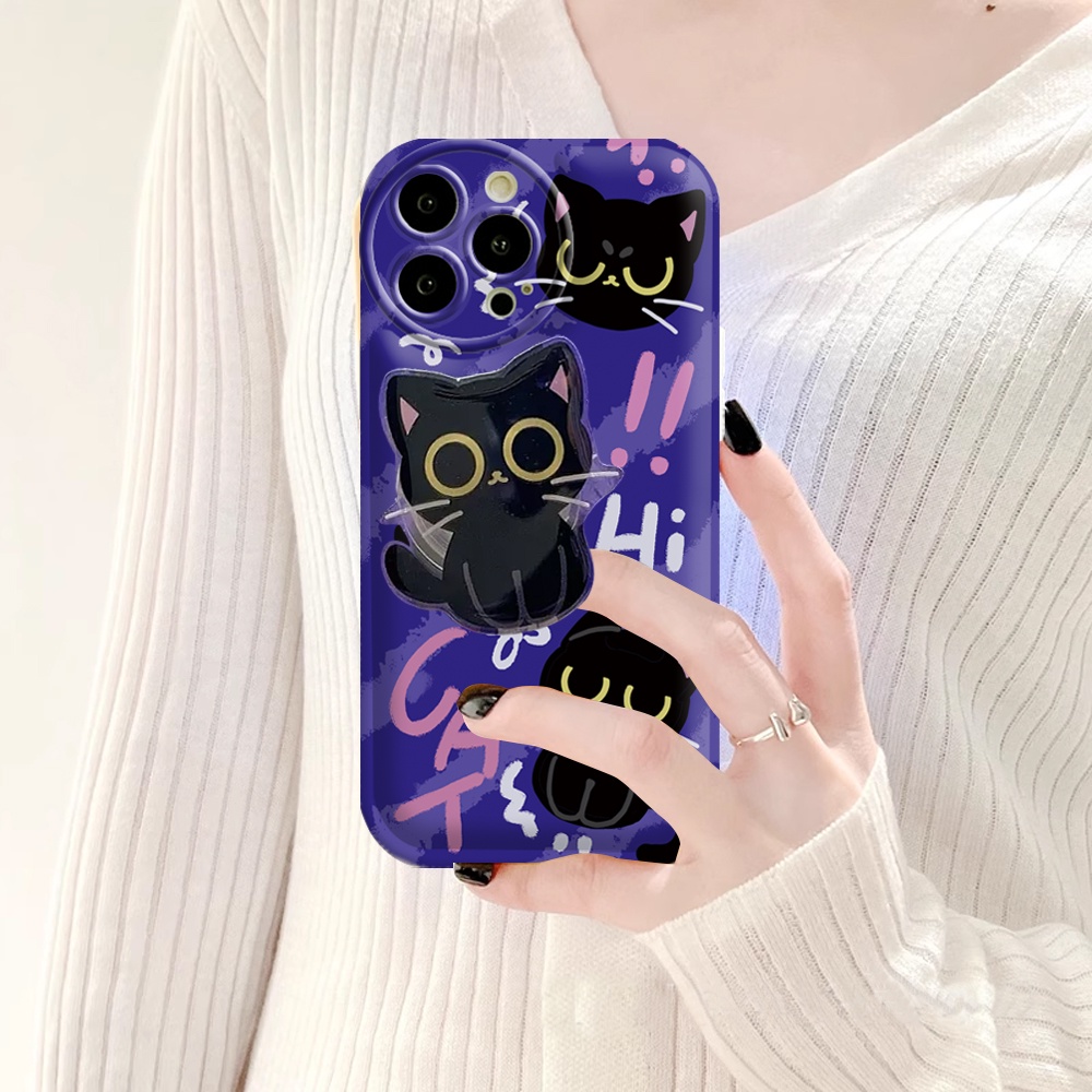 Oppo Reno 8T 4G A57 A16 A16K A17 A5S A12 A3S A12E A92 A52 F1S A53 A33 A31 A9 A5 A15 A15S A54 F9 C1 Graffiti Black Cat Air cushion TPU Phone Case Dengan Bracket Binteacase