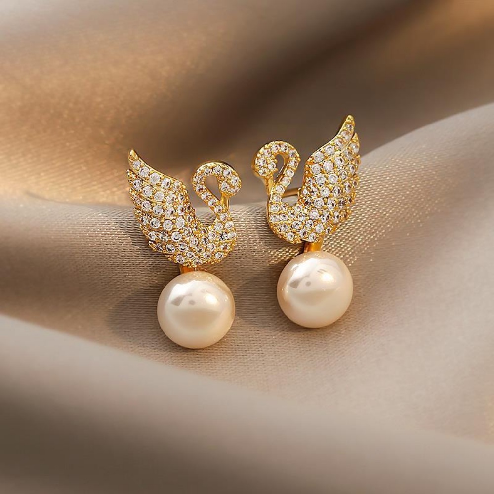 Deartiara Anting Mutiara Swan Zircon Edisi Korea Ringan Anting Mewah Anting Wanita Elegan Dan Simple Kadar Tinggi