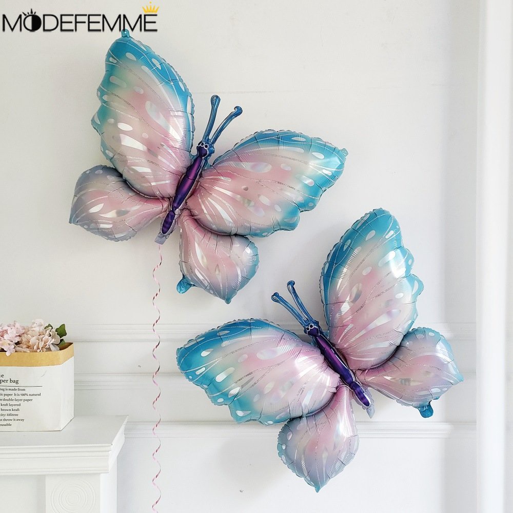 Balon Foil Aluminium Tiup Besar Suasana Festival Ornamen Mainan Ulang Tahun Anak Cantik Gradien Biru Pink Butterfly Balloon Colorful Party Decor Props