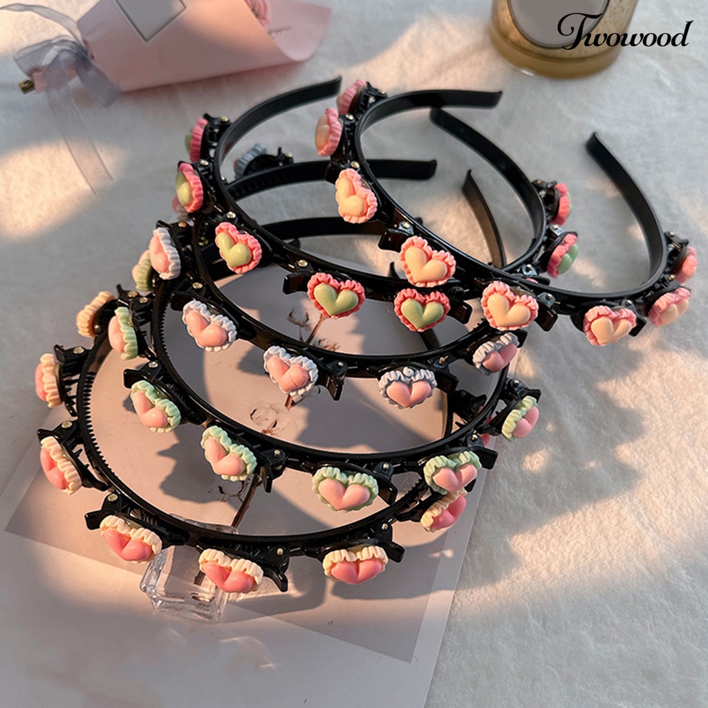 Twowood Lady Headband Non-slip Hias Jantung Dekorasi Narrow Band Warna Kontras Hiasan Rambut Elastis Cuci Muka Lady Hair Hoop Aksesoris Rambut